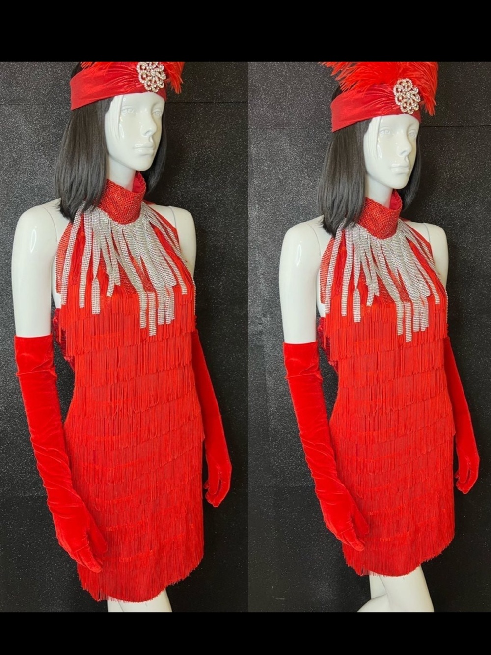 Red Fringe Flapper Dress with Rhinestone Neck M